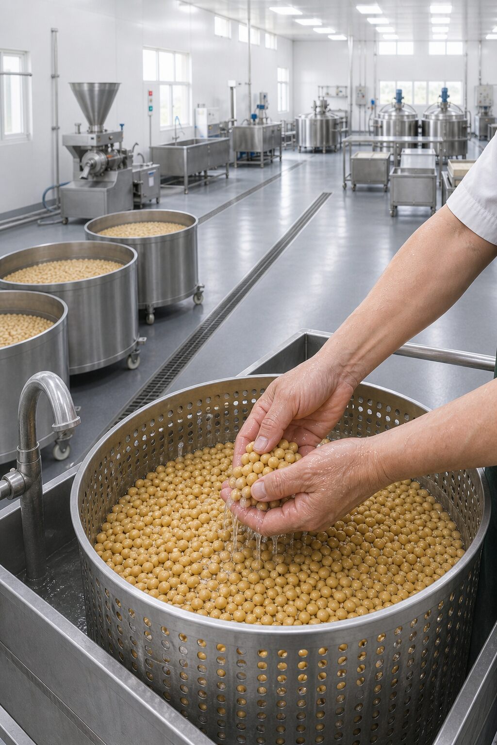 宽敞豆制品作坊里，师傅用双手检查泡好的黄豆